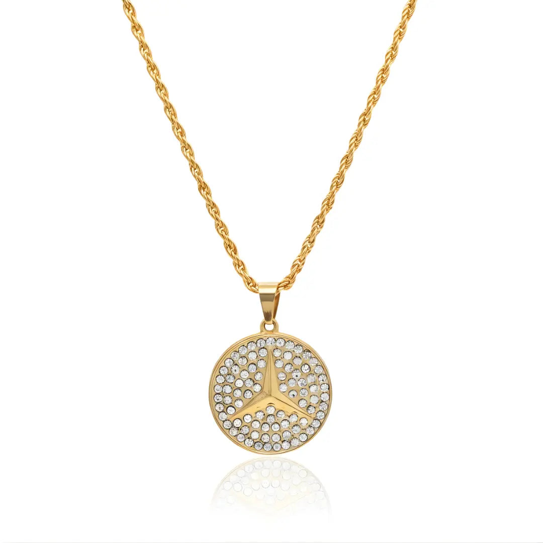 18K Gold Filled Iced Out Three-Point Star Logo Medallion Necklace – Rope Chain Pendant for Men & Women